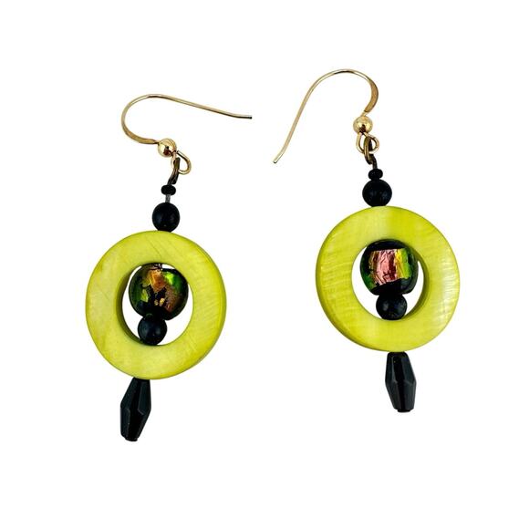 14K GF Hooks Black Foil Art Glass Dyed Shell Handmade Artisan Beaded 2" Earrings - Picture 1 of 3